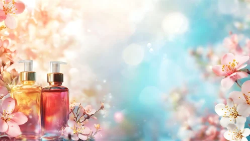 Luxury Beauty Products Amid Blossoming Flowers.