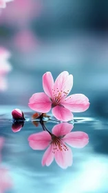 Pink cherry blossom floating on reflective blue water.