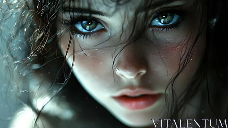 Gaze in the mist, hyperreal blue-eyed portrait study.