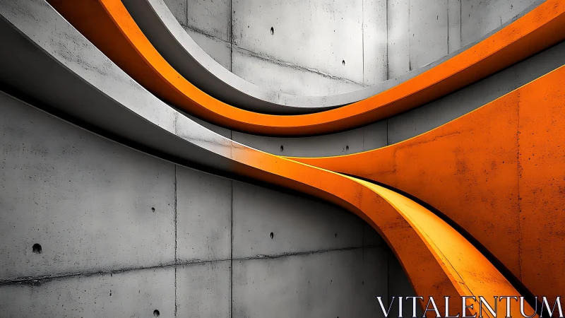 Abstract concrete wall with vibrant orange curves, modern style.