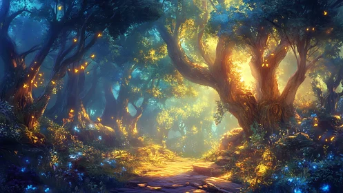 Bioluminescent Forest Canopy with Golden Atmospheric Light