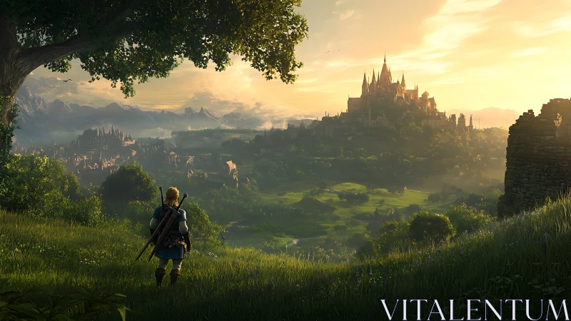 Lone adventurer overlooking sunlit fantasy valley citadel.