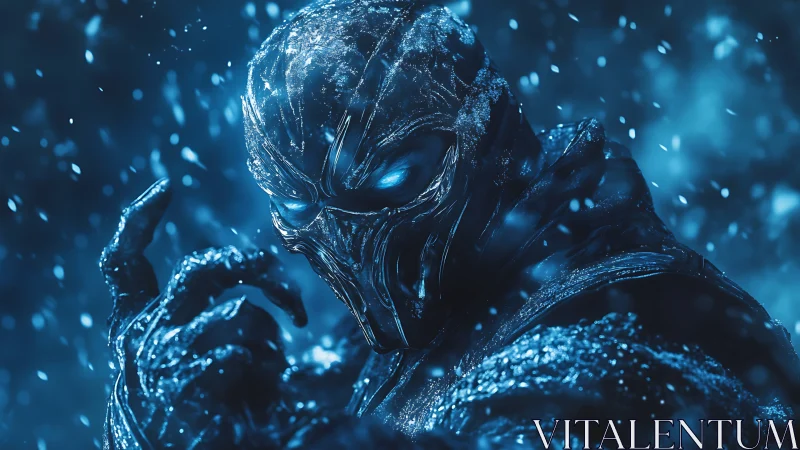 Ice-clad cyber warrior glares through swirling blue blizzard