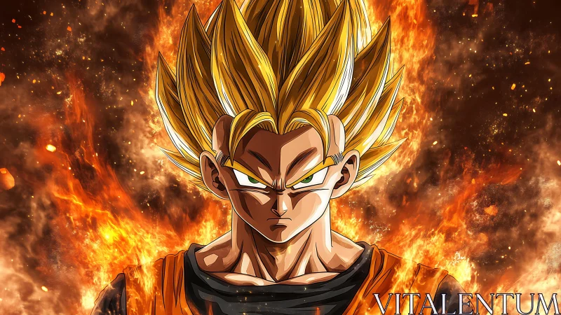 Fiery anime warrior stands confident amid blazing power