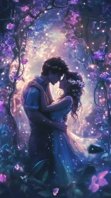 Couple in Floral Garden with Luminescent Atmospheric Effects