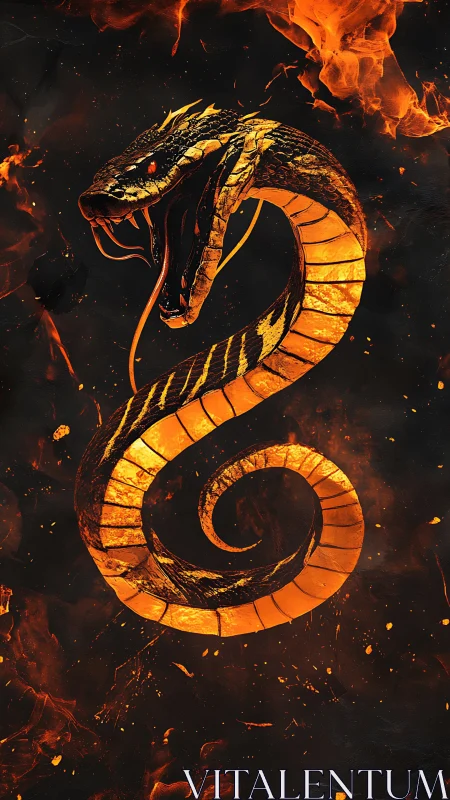 Coiled serpent silhouette is rendered in fiery orange tones