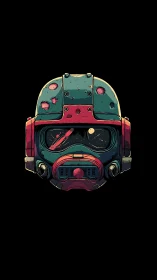 Battle-scarred space helmet floats in neon voided silence.
