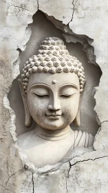 Photorealistic Buddha relief emerging from cracked plaster wall