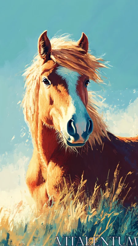 Sunlit copper horse gazes through windswept meadow light.