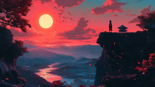 Person on cliff edge facing vivid red sunset landscape.