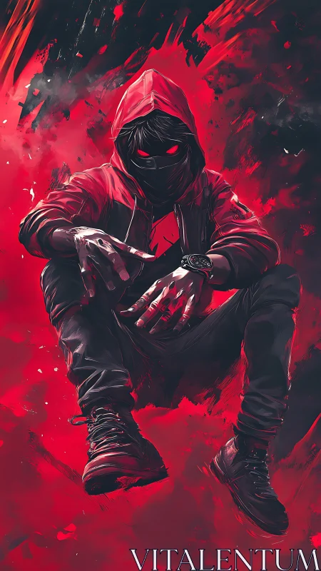 Crimson hooded hacker brooding in a storm of neon fury.