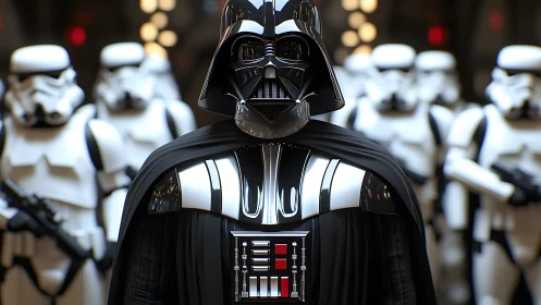Armored dark figure leads stormtroopers in cinematic formation