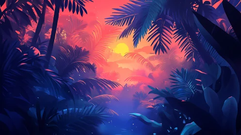 Tropical Sunset Through Lush Palm Forest Canopy.