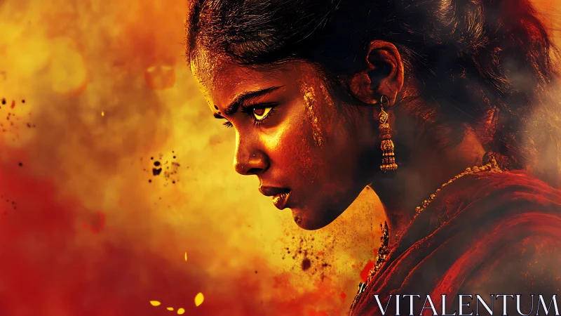 Intense side portrait of young woman in fiery tones.