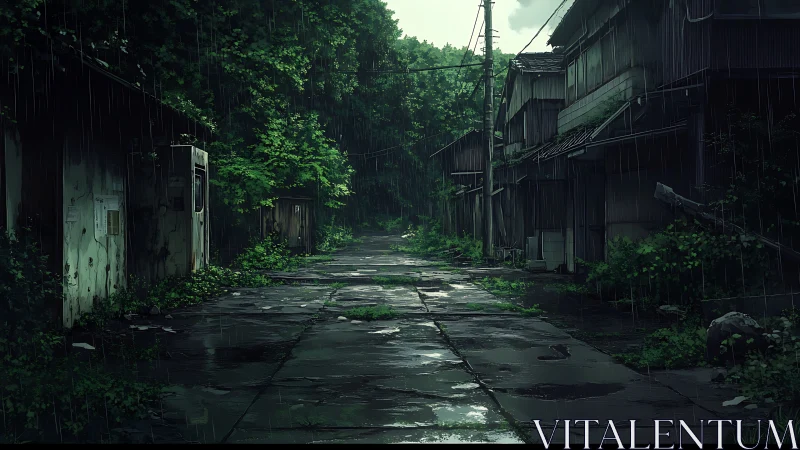 Rain-soaked abandoned alley with overgrown wooden houses.