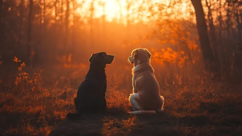 Backlit canine silhouettes in golden hour forest clearing