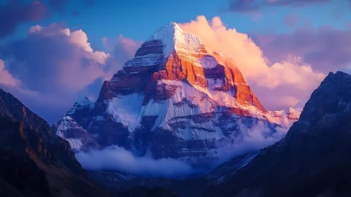 Sunlit snow peak above shadowed valley at sunset.