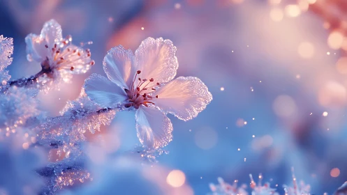 Frost-encrusted blossoms with luminescent bokeh under crystalline morning light