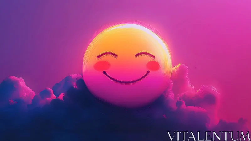 Smiling emoji sun hovering above neon magenta twilight clouds