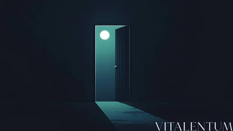 Moonlit doorway cuts sharp cyan path through darkness.