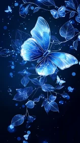 Glowing blue butterfly drifts through luminous midnight foliage