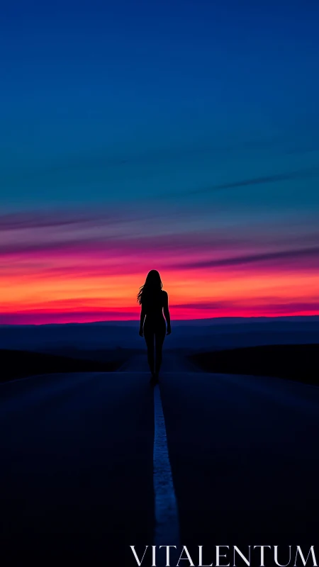 Silhouetted figure on vanishing highway at high-chroma sunset.