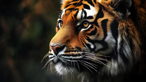 High-contrast profile portrait of Bengal tiger in side lighting