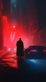 Silhouetted figure surveys neon alleyway beside cyber car