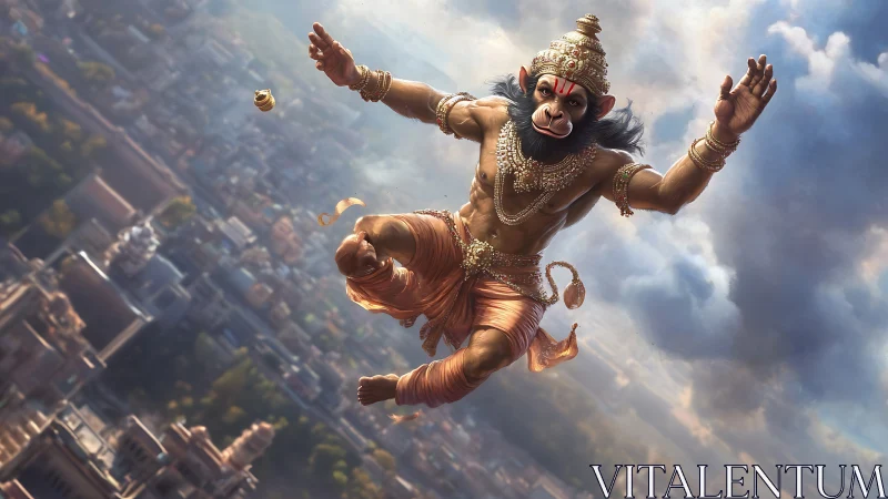 Joyful monkey warrior soaring above a sunlit city sky.