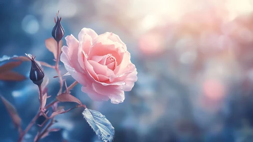 Pink Rose Blooms Against Bokeh Blue Background in Soft Light.
