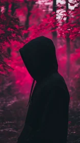 Hooded silhouette within neon magenta forest haze at dusk.