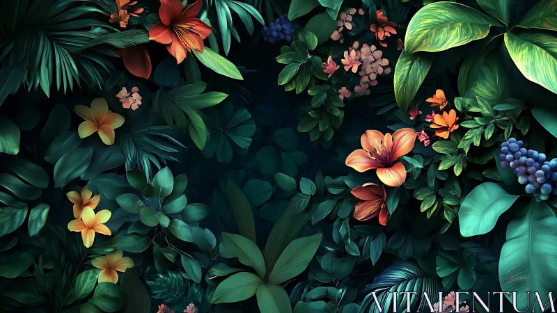 Lush tropical florals encircling deep teal jungle void.