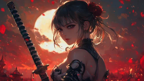 Backlit katana wielder against oversized moon in ember-filled dusk
