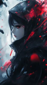 Hooded anime assassin in crimson-black atmospheric contrast