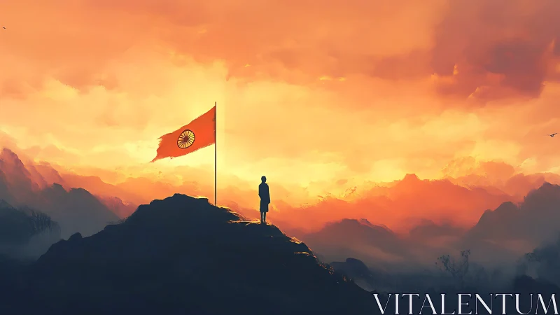 Solitary figure by flag on ridge under saturated sunset sky.