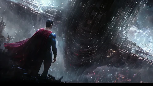 Caped hero confronts colossal alien warship in storm