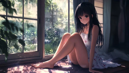 Anime girl rests by sunlit window in quiet summer room