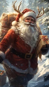Santa in snowy forest carrying gifts and antler headband.