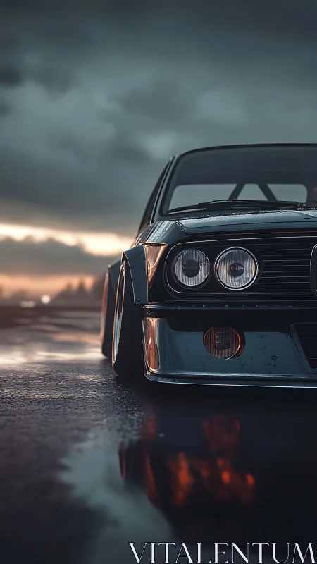 Low-slung classic coupe on wet asphalt at sunset, photorealistic.