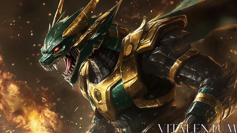 Armored emerald dragon roaring through molten battlefield.
