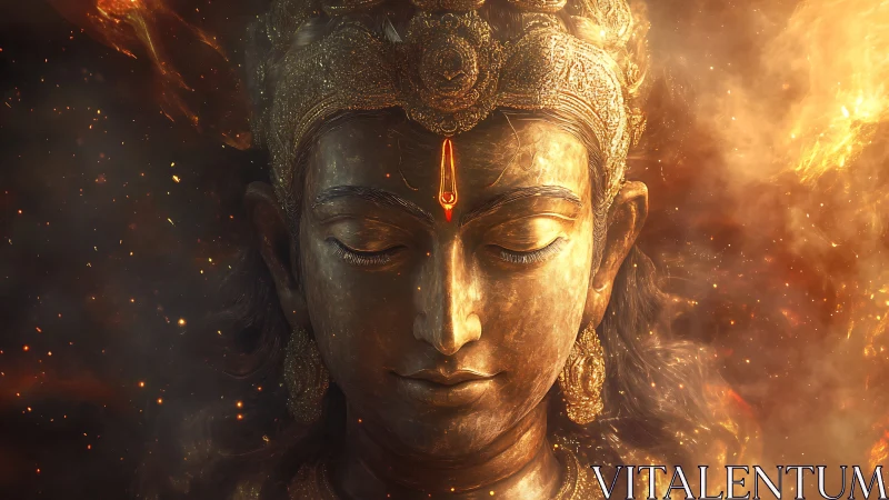Divine golden deity face emerges amid swirling cosmic fire.