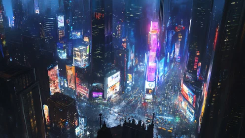 Neon-drenched megacity crossroads under torrential night rain.