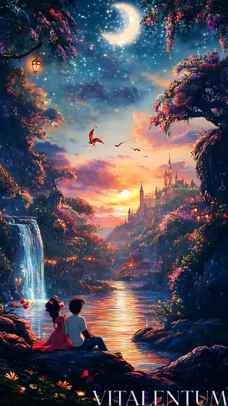 Two figures sit by river at sunset, castle silhouette beyond.