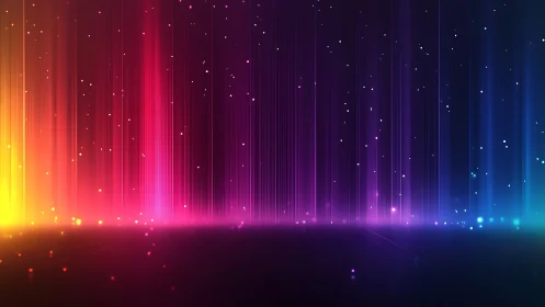 Neon light columns stream across holographic gradient field.