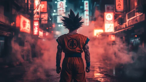 Spiky haired fighter in misty neon lit night street scene.