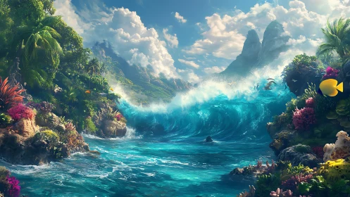 Tropical wave kingdom where jungle cliffs kiss coral seas.