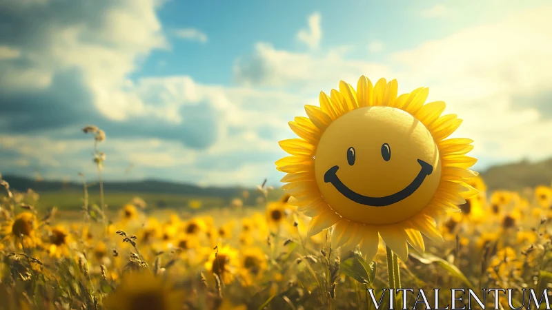 Smiling sunflower face beaming joy across a golden meadow.
