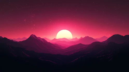 Neon dusk sun sinking behind surreal magenta mountains.
