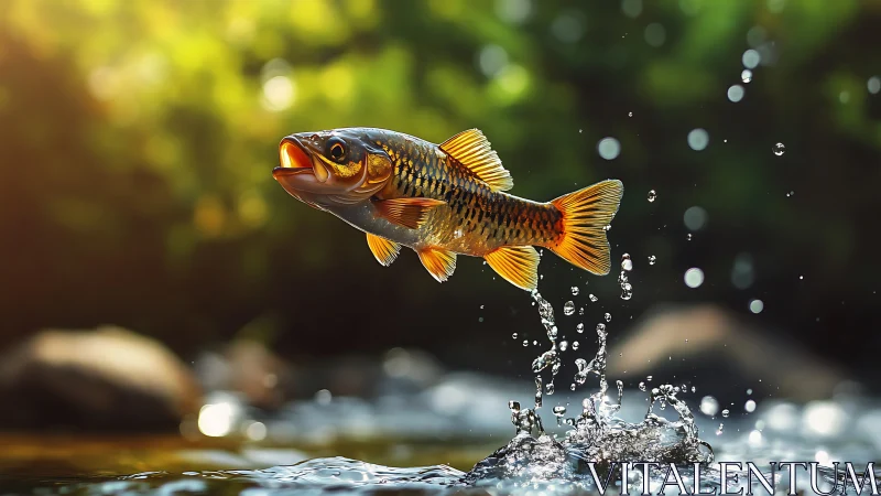 Golden fish leaps from sunlit stream in high detail