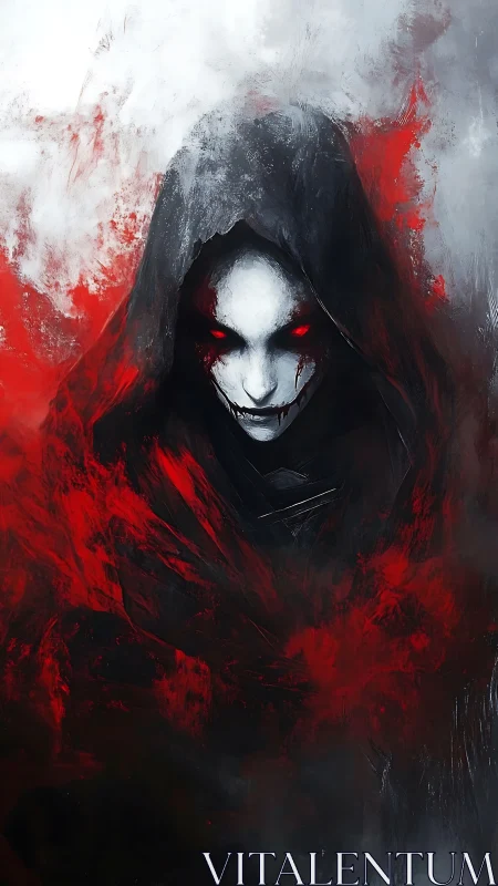 Hooded demonic specter with red eyes emerging from void.